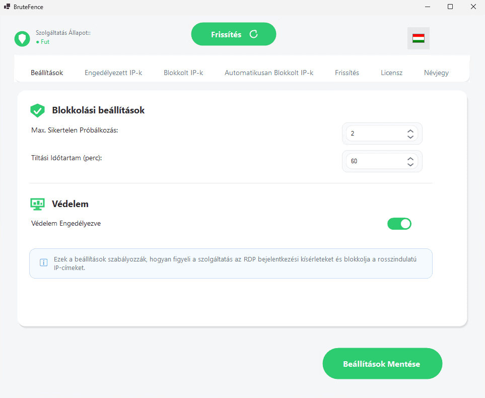 Beállítások panel