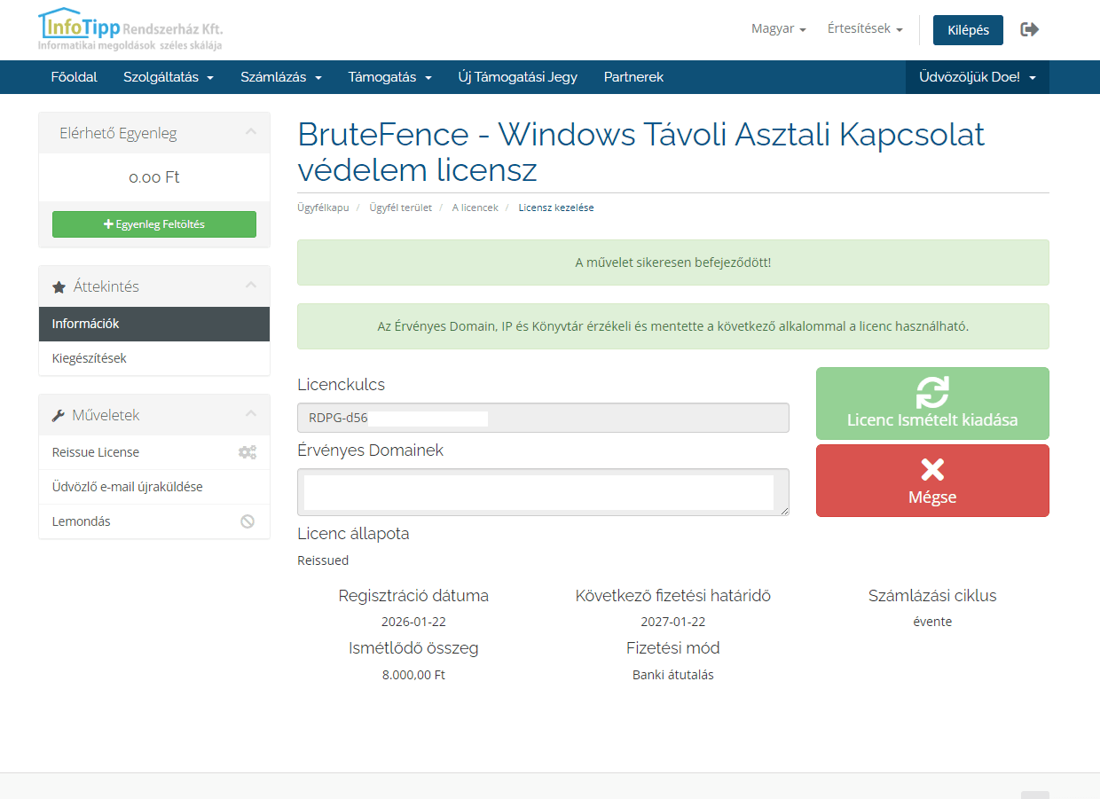 Sikeres licenc újrakiállítás